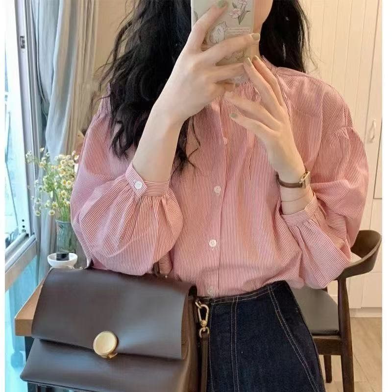 핑크색 스트라이프 여성 셔츠 여름 디자인 센스 작은 대중 프랑스식 고급 센스 셔츠 작은 키 Chic 맨위 만나는 상세 이미지 3
