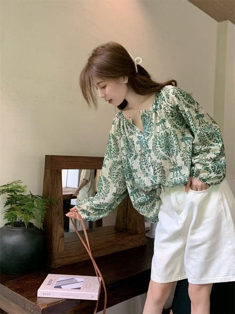 새로운 보헤미안 레트로 프린트 에어컨 서비스 벌룬 소매 쉬폰 셔츠 루즈핏 슬림해 보이는 자외선 차단 오픈 가디건 상세 이미지 2