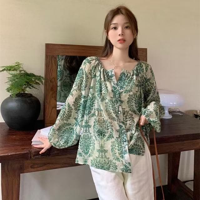 새로운 보헤미안 레트로 프린트 에어컨 서비스 벌룬 소매 쉬폰 셔츠 루즈핏 슬림해 보이는 자외선 차단 오픈 가디건 상세 이미지 5
