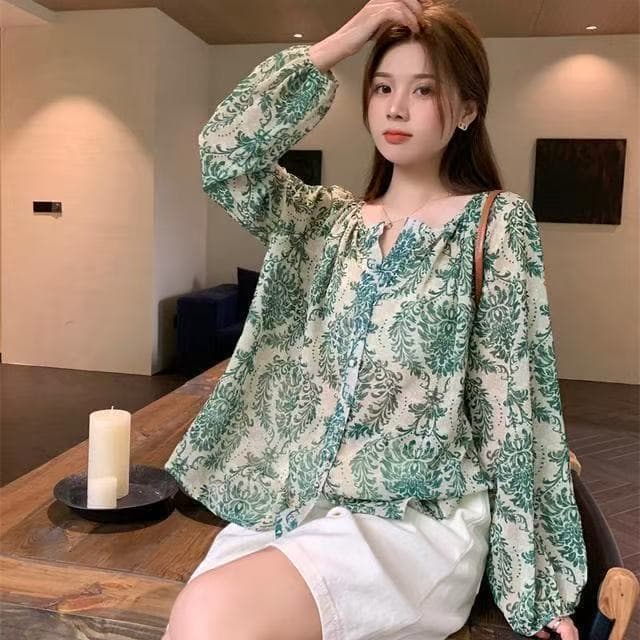 새로운 보헤미안 레트로 프린트 에어컨 서비스 벌룬 소매 쉬폰 셔츠 루즈핏 슬림해 보이는 자외선 차단 오픈 가디건 상세 이미지 8