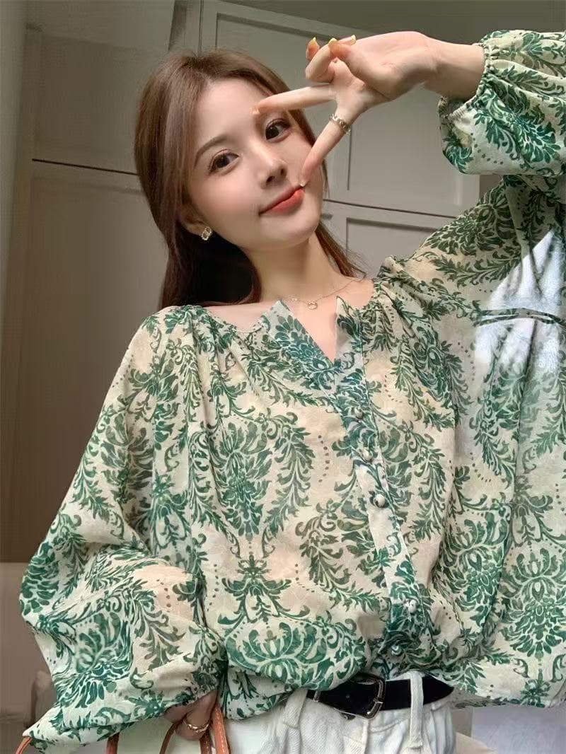 새로운 보헤미안 레트로 프린트 에어컨 서비스 벌룬 소매 쉬폰 셔츠 루즈핏 슬림해 보이는 자외선 차단 오픈 가디건 상세 이미지 10