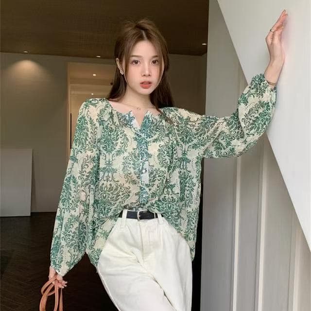 새로운 보헤미안 레트로 프린트 에어컨 서비스 벌룬 소매 쉬폰 셔츠 루즈핏 슬림해 보이는 자외선 차단 오픈 가디건 상세 이미지 11