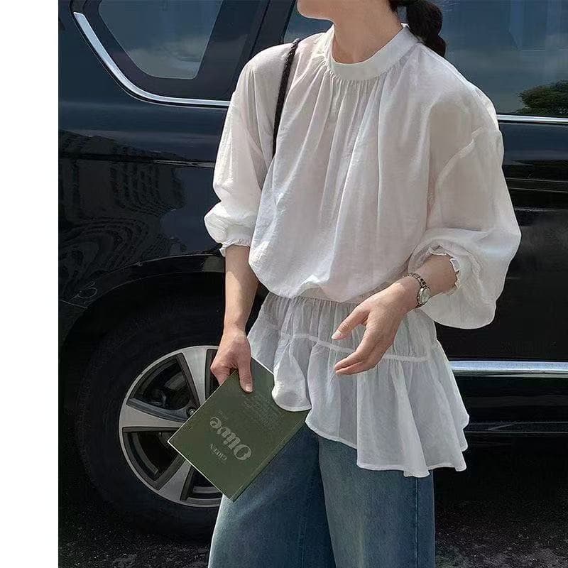 얇고 가벼운 화이트 셔츠 여성 긴 소매 2026 봄 여름 섹션 한국 스타일 허리 수축 프릴 분위기 센스 Chic 셔츠