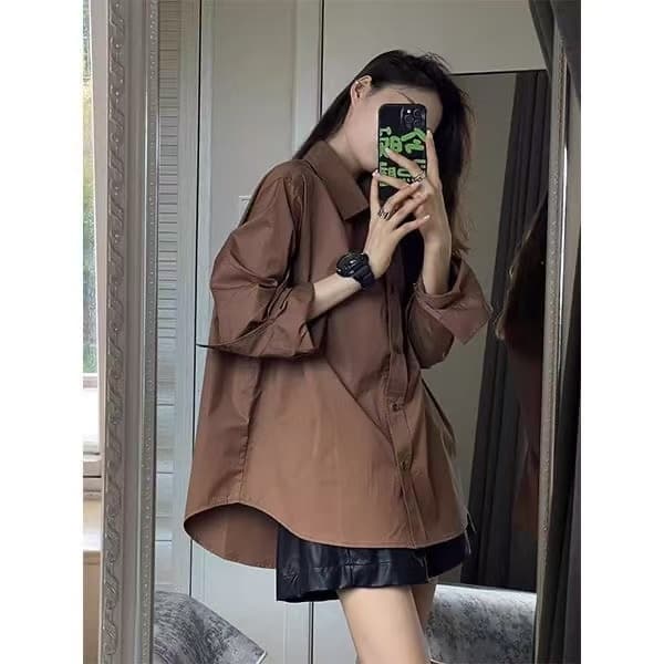 디자인 루즈핏 레트로 다용도 캐주얼 커피 색상 셔츠 2026 가을 셔츠 새로운 느긋한 바람 디스플레이 긴팔 맨위 상세 이미지 5