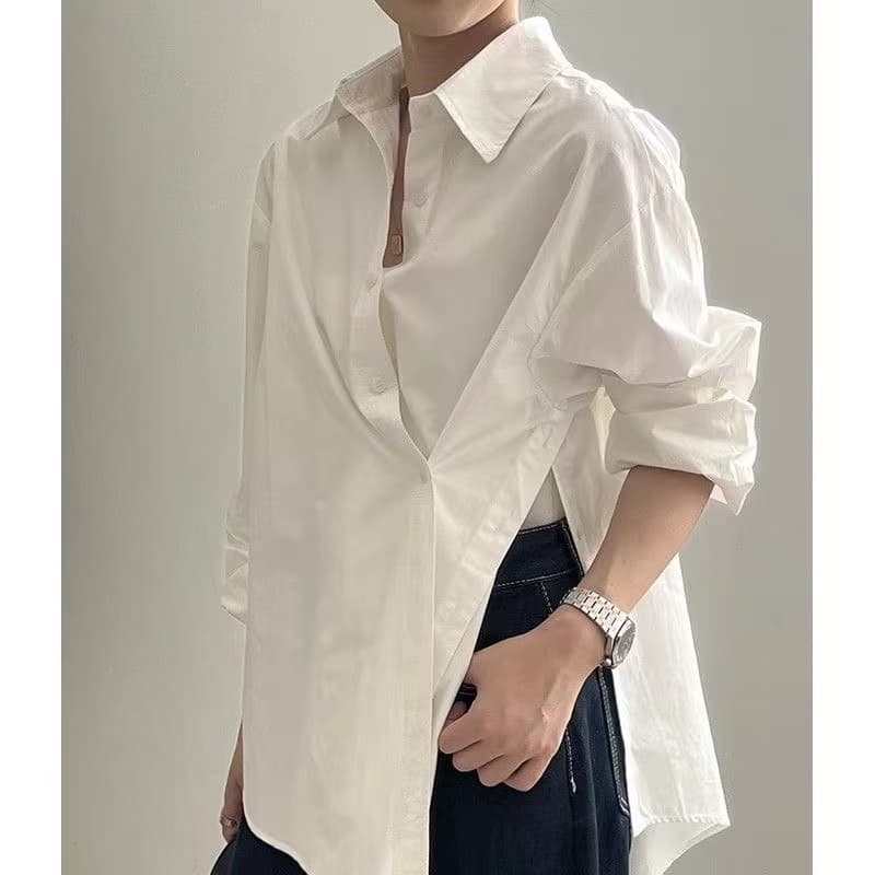 불규칙 파란색 여성 셔츠 봄 가을 디자인 센스 작은 대중 맨위 루즈핏 품격 프랑스식 긴팔 비스듬한 버클 셔츠 이미지 4