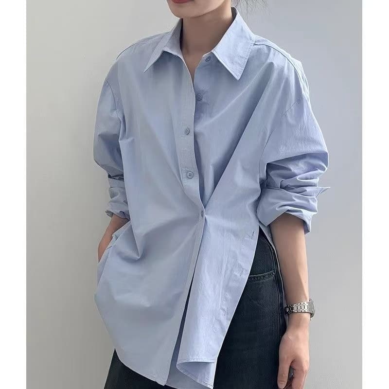 불규칙 파란색 여성 셔츠 봄 가을 디자인 센스 작은 대중 맨위 루즈핏 품격 프랑스식 긴팔 비스듬한 버클 셔츠 이미지 2