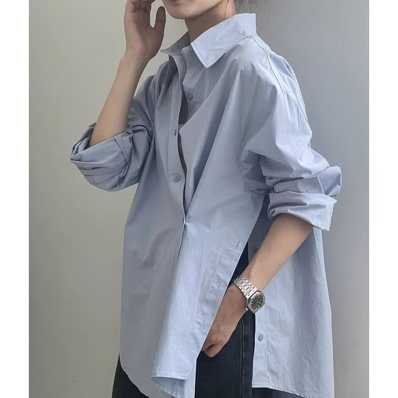 불규칙 파란색 여성 셔츠 봄 가을 디자인 센스 작은 대중 맨위 루즈핏 품격 프랑스식 긴팔 비스듬한 버클 셔츠