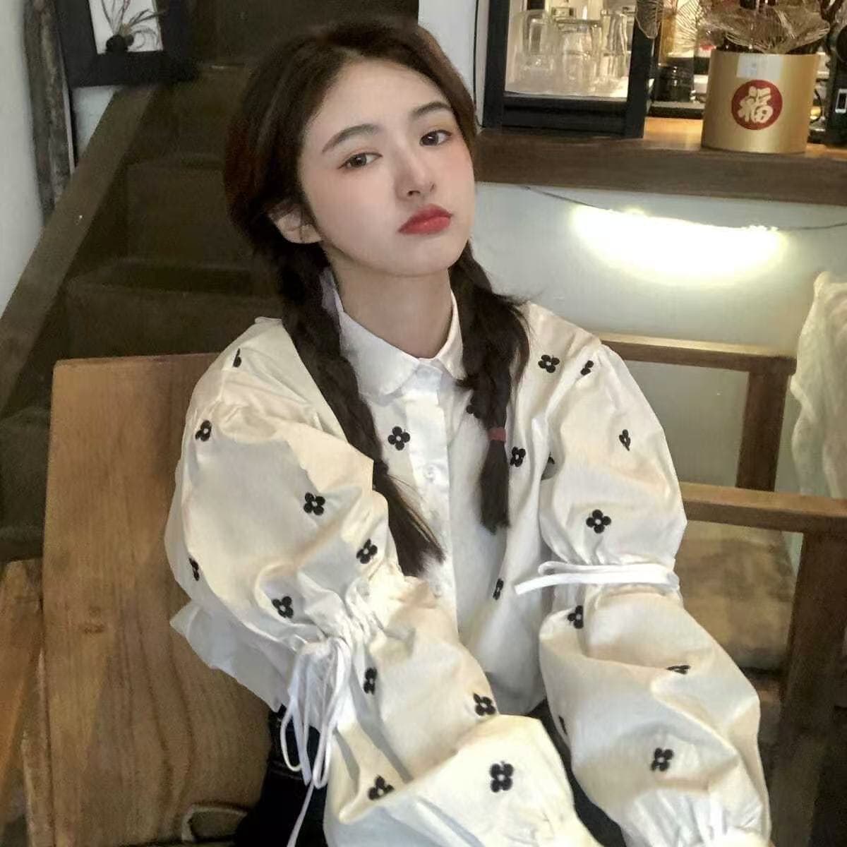 한 부서 펌프 로프 거품 소매 프린트 작은 꽃 레트로 디자인 센스 루즈핏 여성 셔츠 귀여운 다용도 셔츠 이미지 5