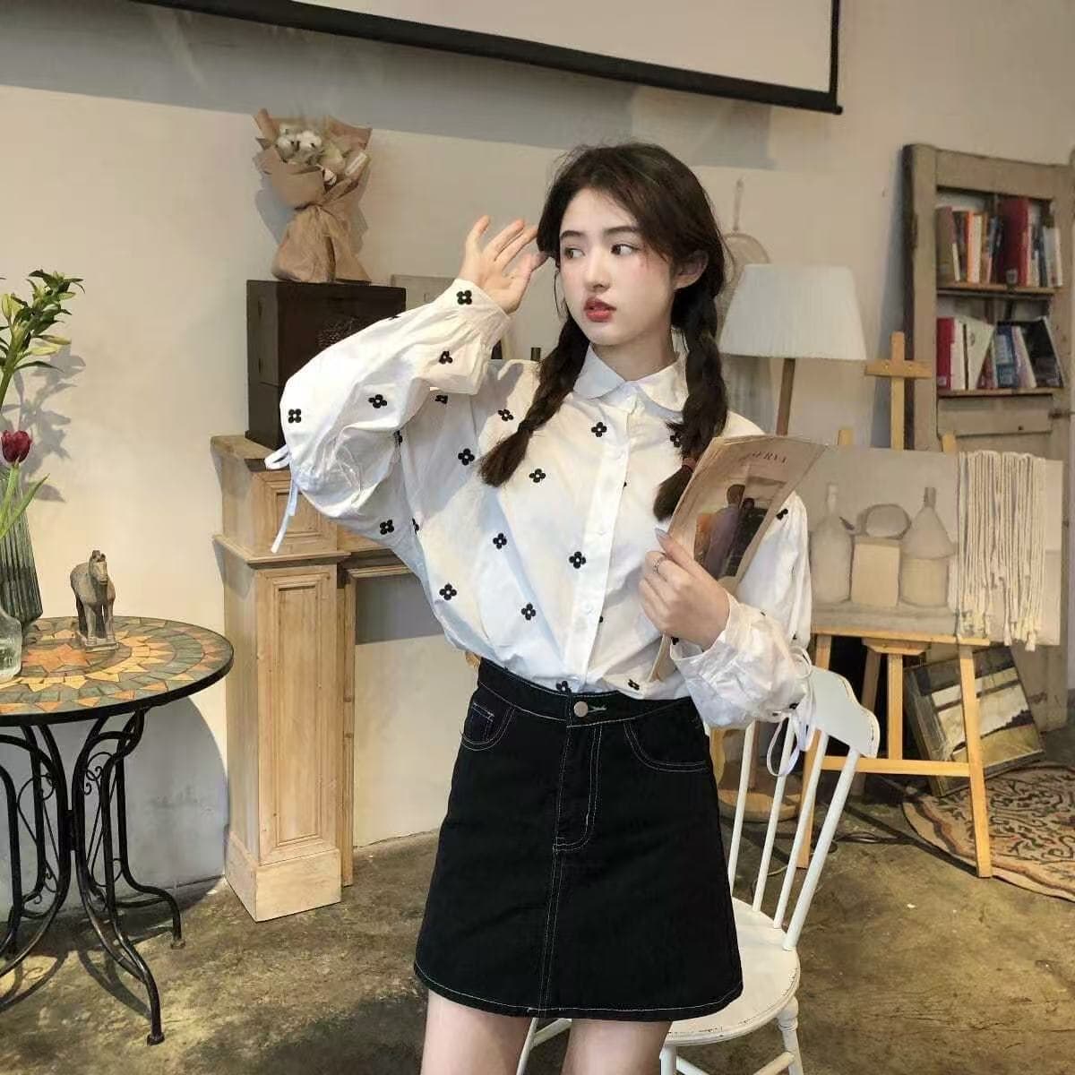 한 부서 펌프 로프 거품 소매 프린트 작은 꽃 레트로 디자인 센스 루즈핏 여성 셔츠 귀여운 다용도 셔츠 상세 이미지 4
