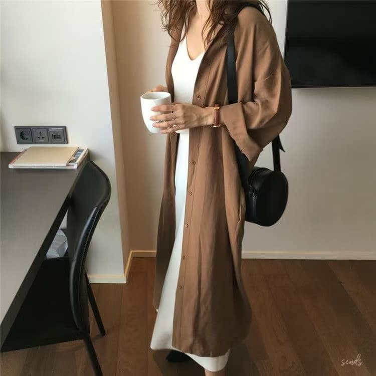 레이스업 셔츠 드레스 여성 단색 치마 2026 봄 새로운 한국 스타일 루즈핏 학생 프랑스식 명문 여성 드레스 트렌디 이미지 4