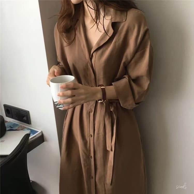 레이스업 셔츠 드레스 여성 단색 치마 2026 봄 새로운 한국 스타일 루즈핏 학생 프랑스식 명문 여성 드레스 트렌디 상세 이미지 2