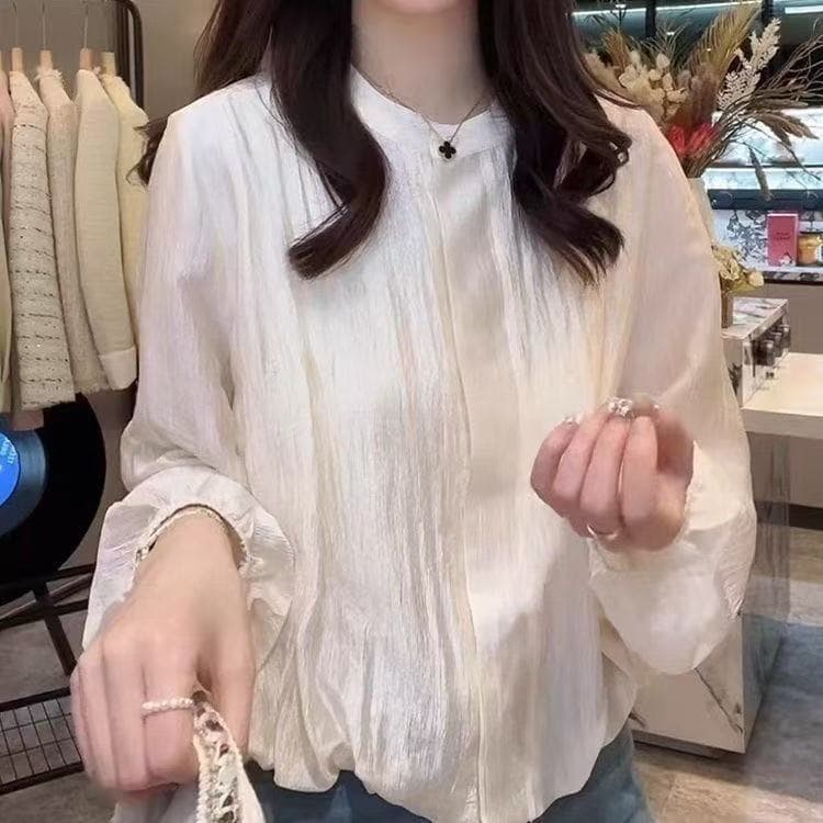 가을 패션 부드러운 바람 셔츠 표지 고기 슬림해 보이는 거품 소매 작은 셔츠 여성 레저 미니멀리즘 다용도 라운드 넥 주름 이미지 2