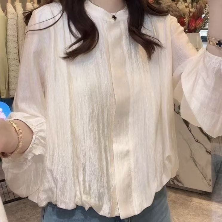 가을 패션 부드러운 바람 셔츠 표지 고기 슬림해 보이는 거품 소매 작은 셔츠 여성 레저 미니멀리즘 다용도 라운드 넥 주름