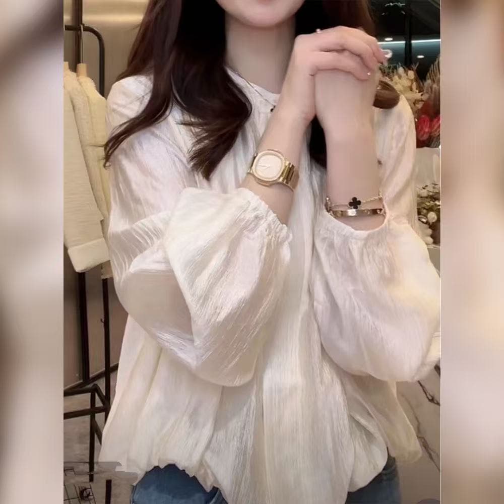 가을 패션 부드러운 바람 셔츠 표지 고기 슬림해 보이는 거품 소매 작은 셔츠 여성 레저 미니멀리즘 다용도 라운드 넥 주름 이미지 3