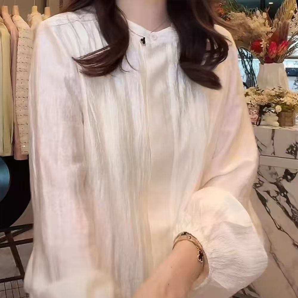 가을 패션 부드러운 바람 셔츠 표지 고기 슬림해 보이는 거품 소매 작은 셔츠 여성 레저 미니멀리즘 다용도 라운드 넥 주름 상세 이미지 11