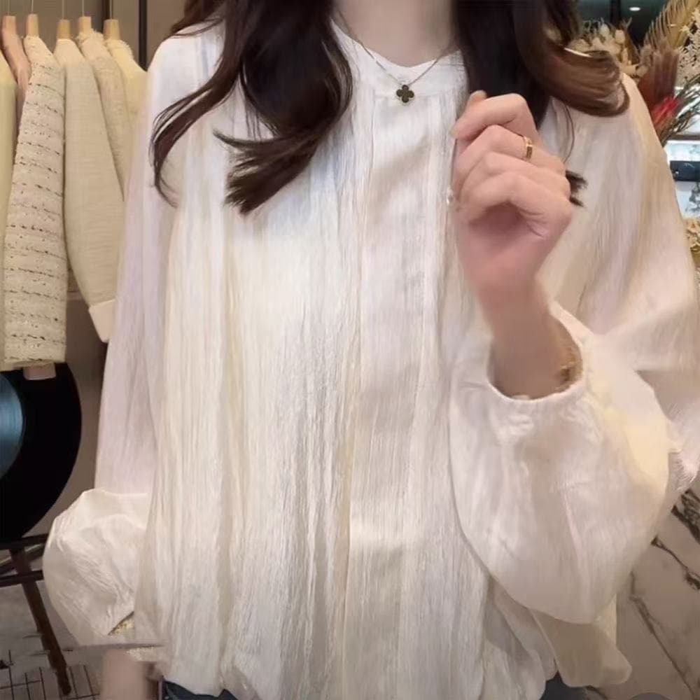 가을 패션 부드러운 바람 셔츠 표지 고기 슬림해 보이는 거품 소매 작은 셔츠 여성 레저 미니멀리즘 다용도 라운드 넥 주름 상세 이미지 12