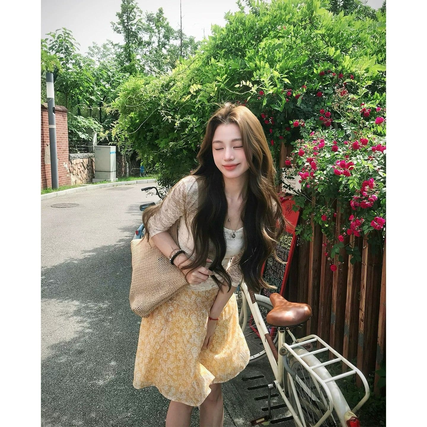 여름 순수한 욕망 레이스 7부 소매 맨위 여성 초여름 착용 가져 가라. 전체 집합 슬림해 보이는 주황색 꽃무늬 한 마디 반신 스커트