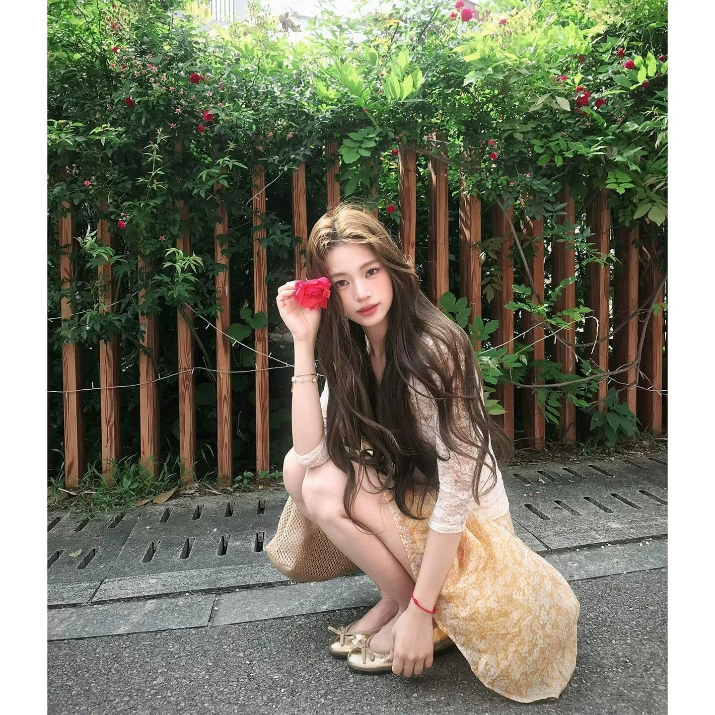 여름 순수한 욕망 레이스 7부 소매 맨위 여성 초여름 착용 가져 가라. 전체 집합 슬림해 보이는 주황색 꽃무늬 한 마디 반신 스커트 이미지 2