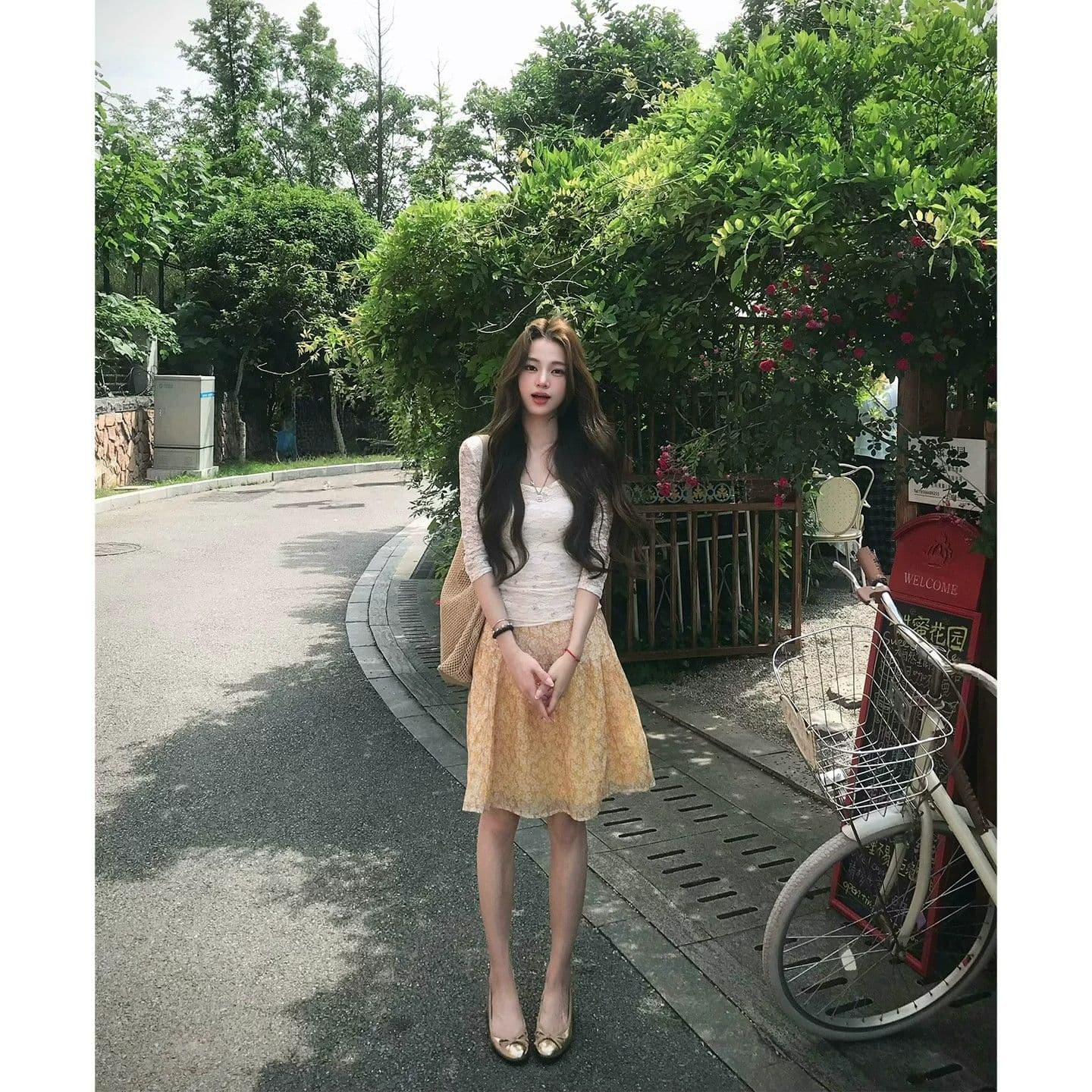 여름 순수한 욕망 레이스 7부 소매 맨위 여성 초여름 착용 가져 가라. 전체 집합 슬림해 보이는 주황색 꽃무늬 한 마디 반신 스커트 이미지 4