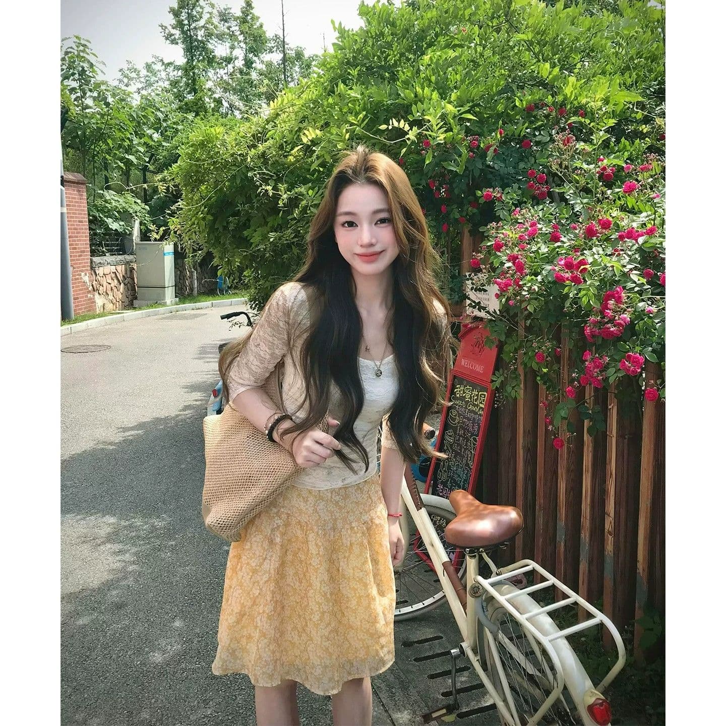 여름 순수한 욕망 레이스 7부 소매 맨위 여성 초여름 착용 가져 가라. 전체 집합 슬림해 보이는 주황색 꽃무늬 한 마디 반신 스커트 이미지 3