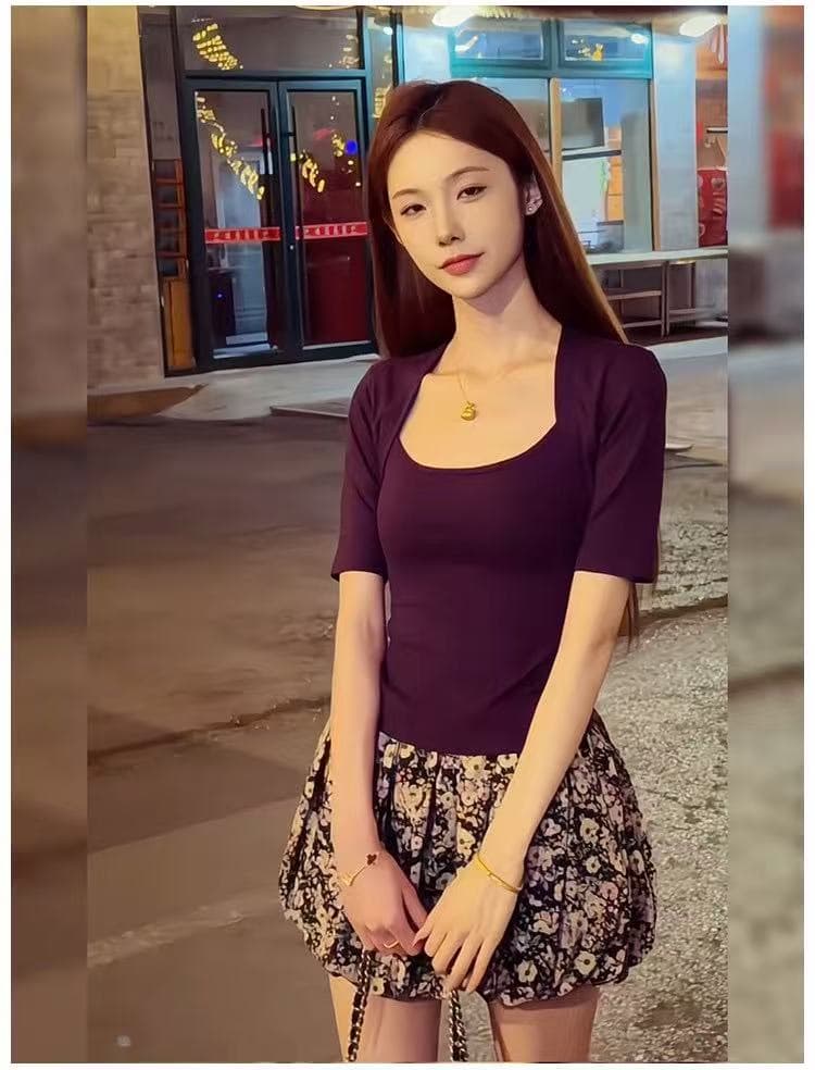 여름 여성 의류 광장 칼라 중간 소매 맨위 하이웨이스트 슬림해 보이는 미니 스커트 투피스 세트 몸매 가꾸기 세트 이미지 3