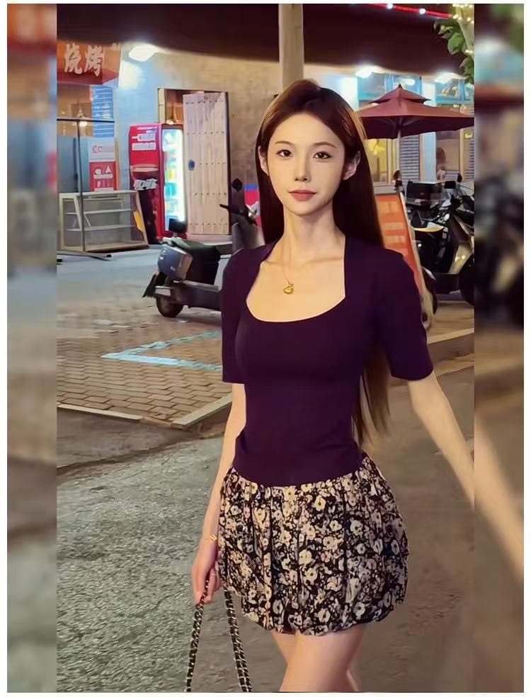 여름 여성 의류 광장 칼라 중간 소매 맨위 하이웨이스트 슬림해 보이는 미니 스커트 투피스 세트 몸매 가꾸기 세트 상세 이미지 1