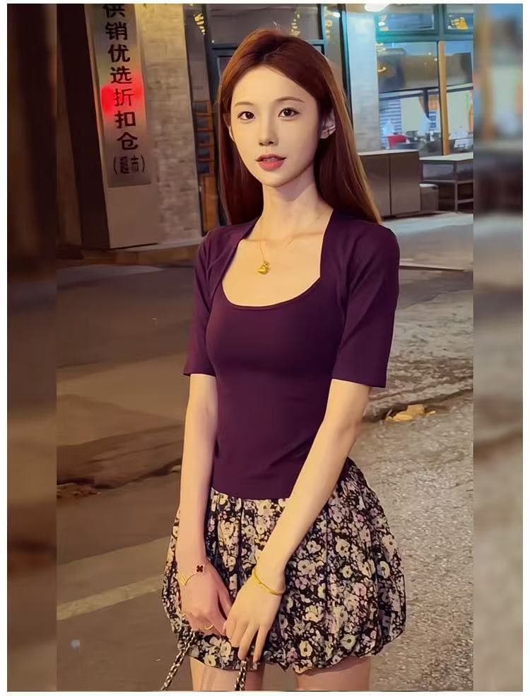 여름 여성 의류 광장 칼라 중간 소매 맨위 하이웨이스트 슬림해 보이는 미니 스커트 투피스 세트 몸매 가꾸기 세트 상세 이미지 4