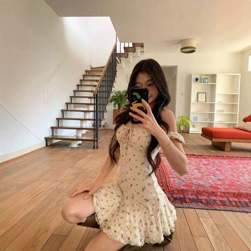 레이스 꽃무늬 여성 드레스 여름 순수한 욕망 섹시함 핫걸 고급 센스 아름다운 해변가 휴가 타이트 스커트 짧은 치마 이미지 3