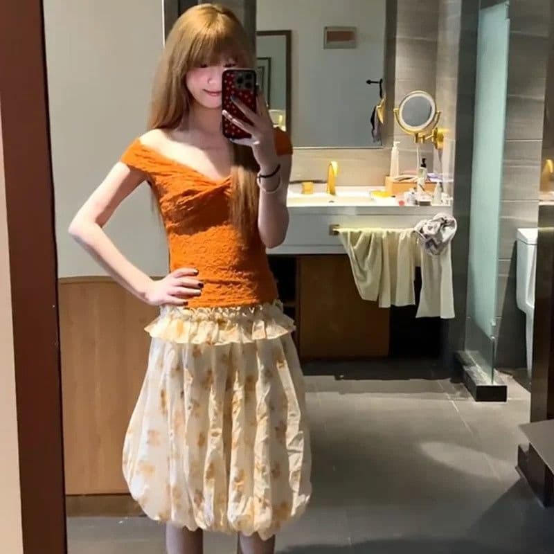 작은 키 프랑스식 달콤함 주황색 꽃무늬 세트 여성 여름 디자인 센스 슬림해 보이는 꽃밭 치마 투피스 세트 상세 이미지 1