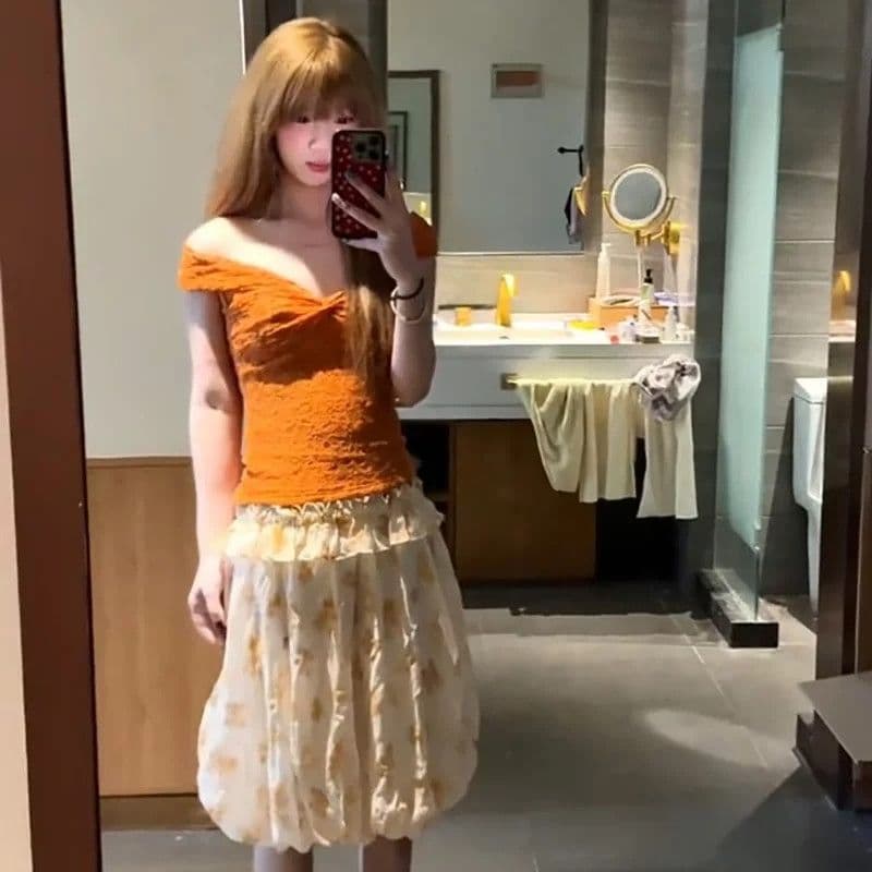 작은 키 프랑스식 달콤함 주황색 꽃무늬 세트 여성 여름 디자인 센스 슬림해 보이는 꽃밭 치마 투피스 세트 상세 이미지 2