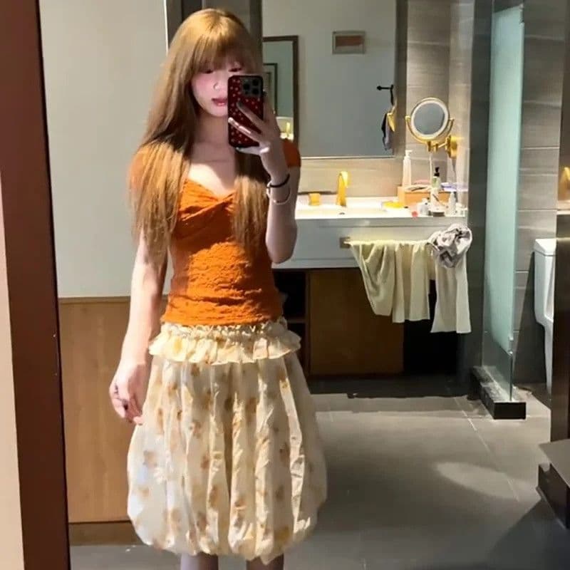 작은 키 프랑스식 달콤함 주황색 꽃무늬 세트 여성 여름 디자인 센스 슬림해 보이는 꽃밭 치마 투피스 세트 상세 이미지 3