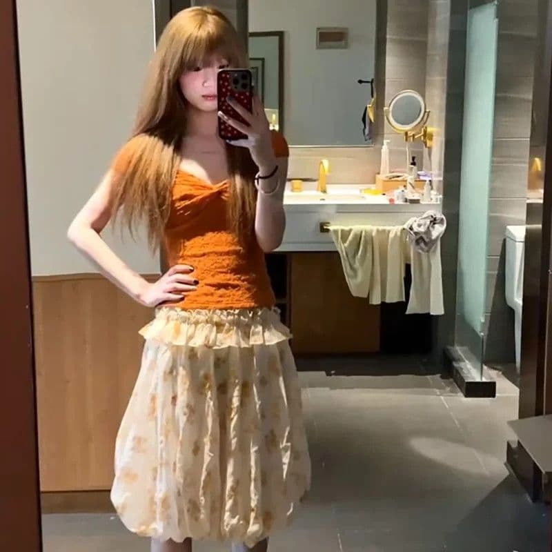 작은 키 프랑스식 달콤함 주황색 꽃무늬 세트 여성 여름 디자인 센스 슬림해 보이는 꽃밭 치마 투피스 세트 상세 이미지 4