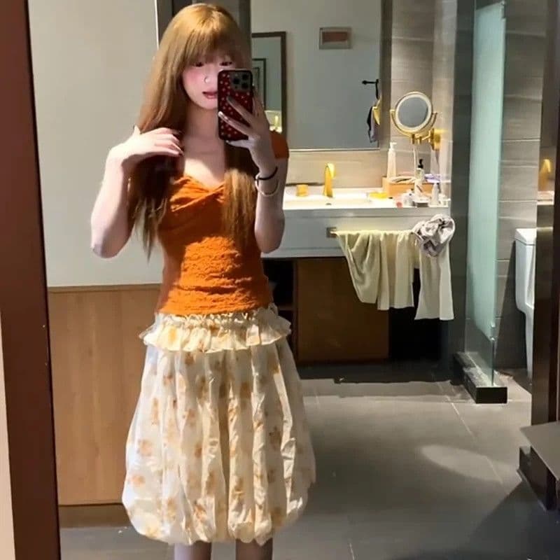 작은 키 프랑스식 달콤함 주황색 꽃무늬 세트 여성 여름 디자인 센스 슬림해 보이는 꽃밭 치마 투피스 세트 상세 이미지 5