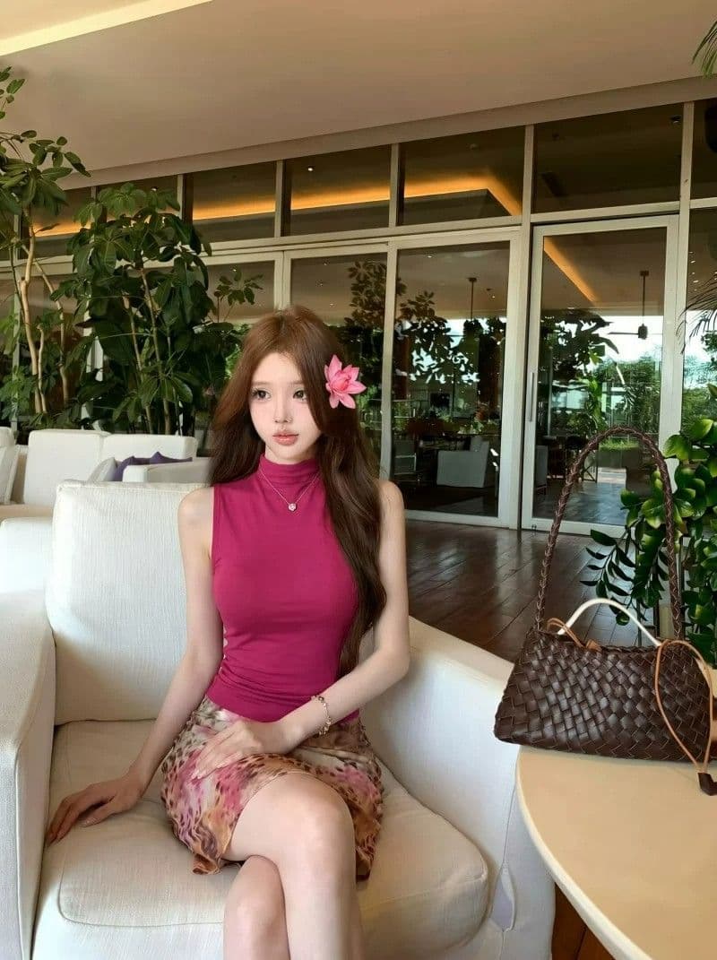 작은 키 휴가 바람 로즈 레드 반하이넥 민소매 조끼 맨위 레오파드 무늬 반신 스커트 여성 여름 투피스 세트 상세 이미지 4