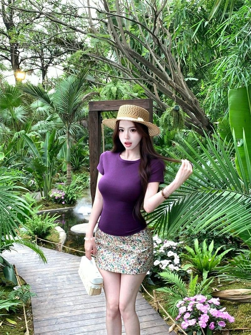 작은 키 한 부서 몸매 가꾸기 디스플레이 몸 세트 여성 여름 보라색 티셔츠 꽃무늬 반신 스커트 투피스 세트 쇼트 스타일 상세 이미지 1
