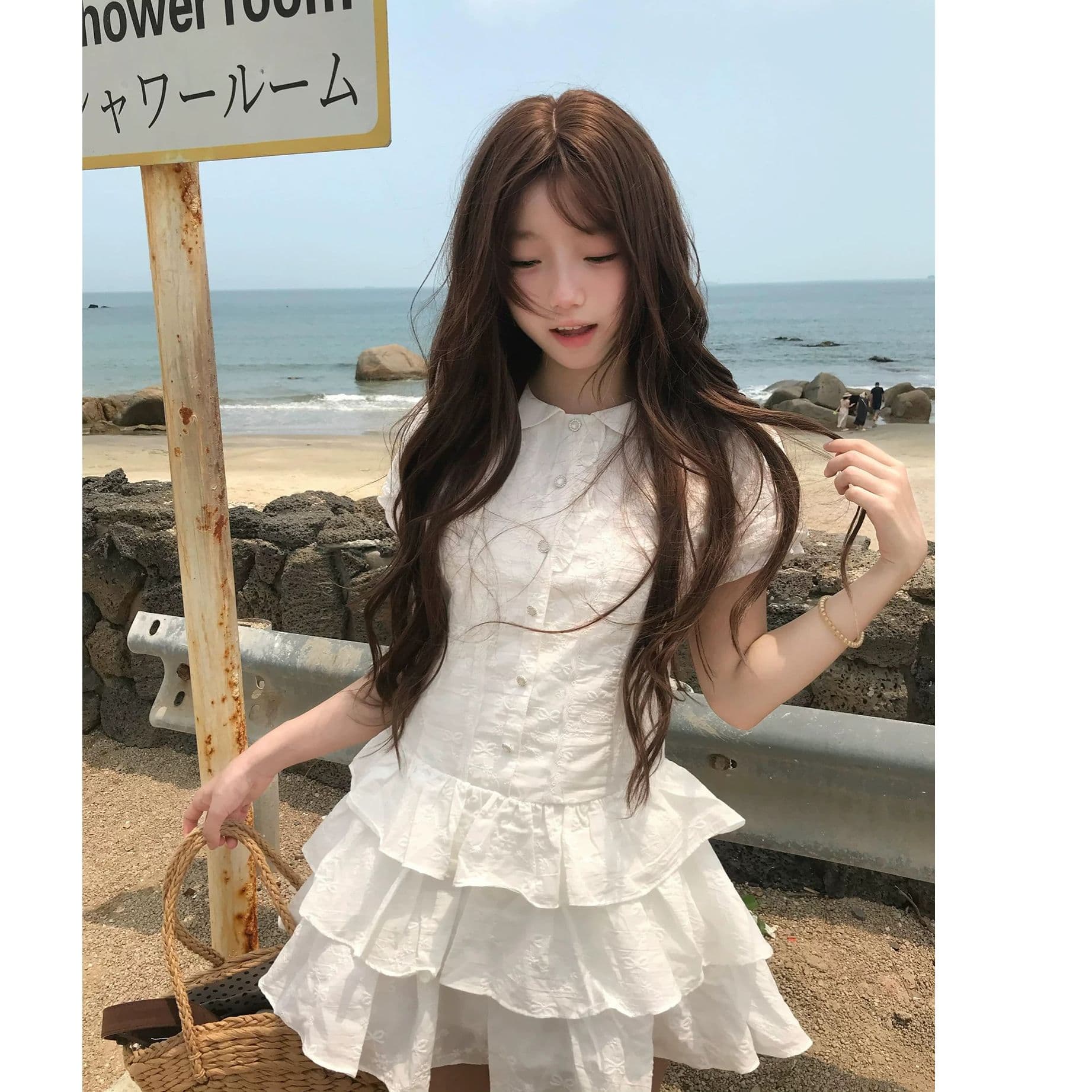 한 부서 학원 스타일 거품 소매 화이트 셔츠 여성 드레스 여름 핫걸 착용 가져 가라. 한 마디 쇼트 스타일 케이크 치마