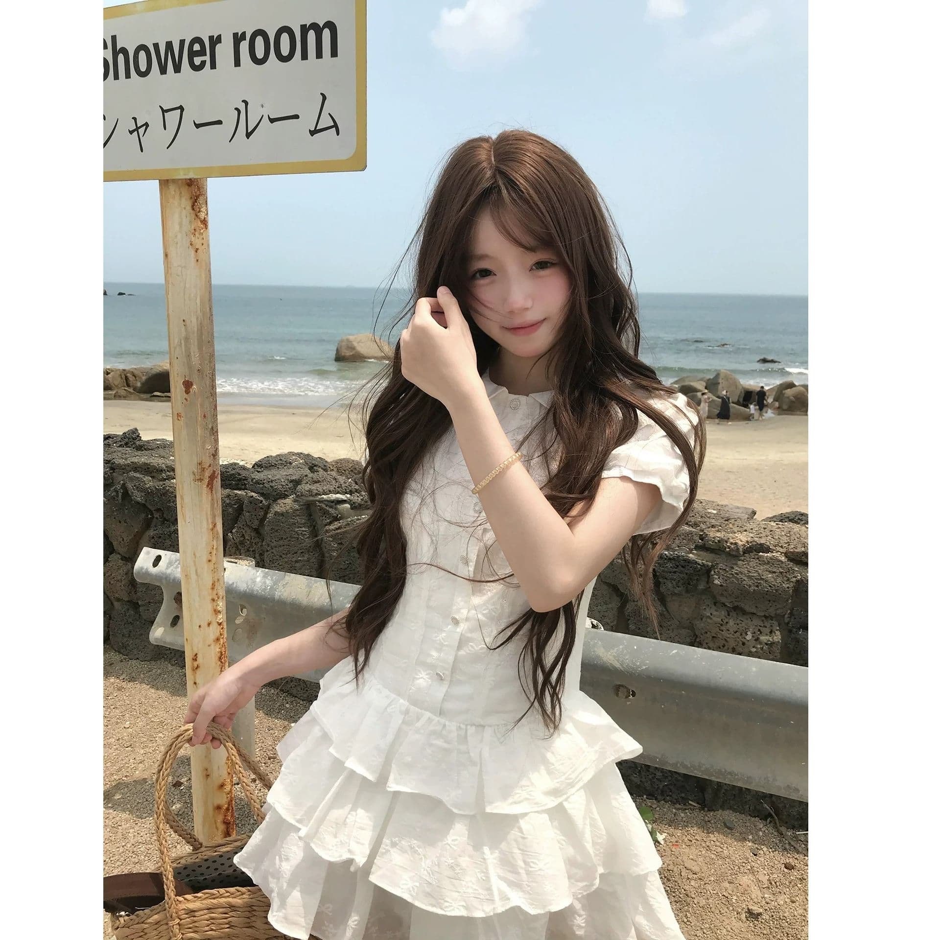 한 부서 학원 스타일 거품 소매 화이트 셔츠 여성 드레스 여름 핫걸 착용 가져 가라. 한 마디 쇼트 스타일 케이크 치마 이미지 3