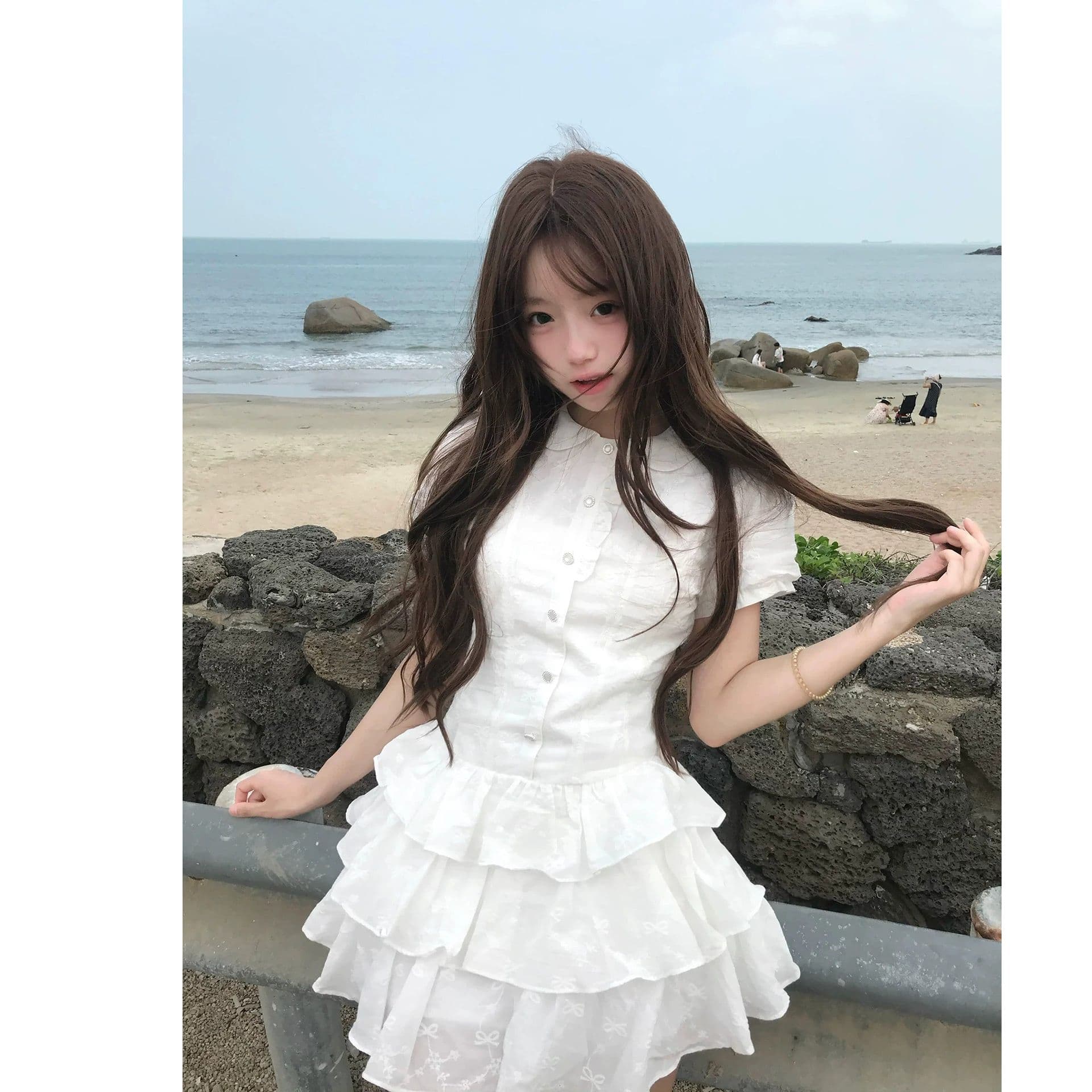 한 부서 학원 스타일 거품 소매 화이트 셔츠 여성 드레스 여름 핫걸 착용 가져 가라. 한 마디 쇼트 스타일 케이크 치마 이미지 2