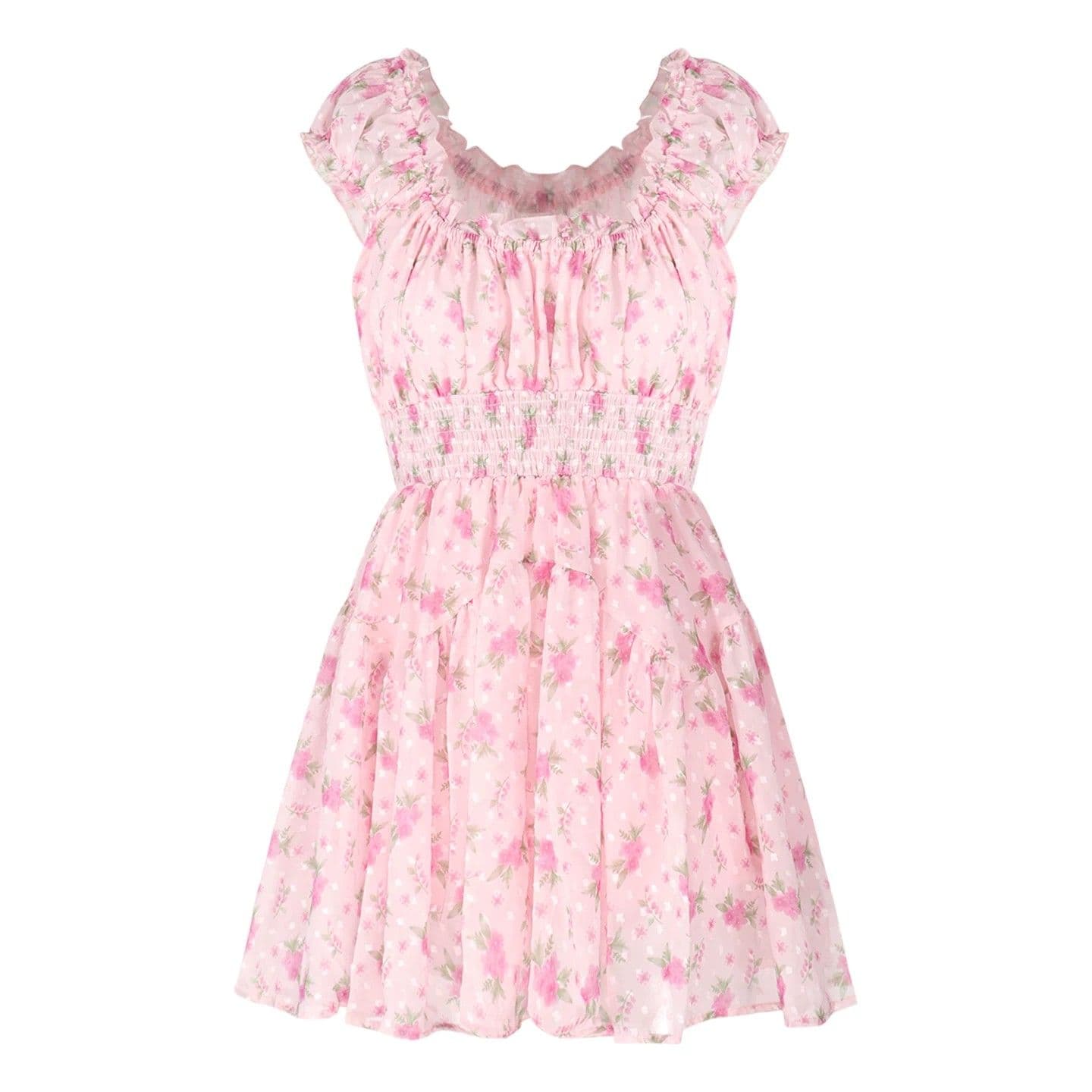 프랑스식 광장 칼라 거품 소매 핑크색 달콤함 허리 수축 해변가 휴가 바람 꽃무늬 치마 드레스 치마 섹시함 순수한 욕망