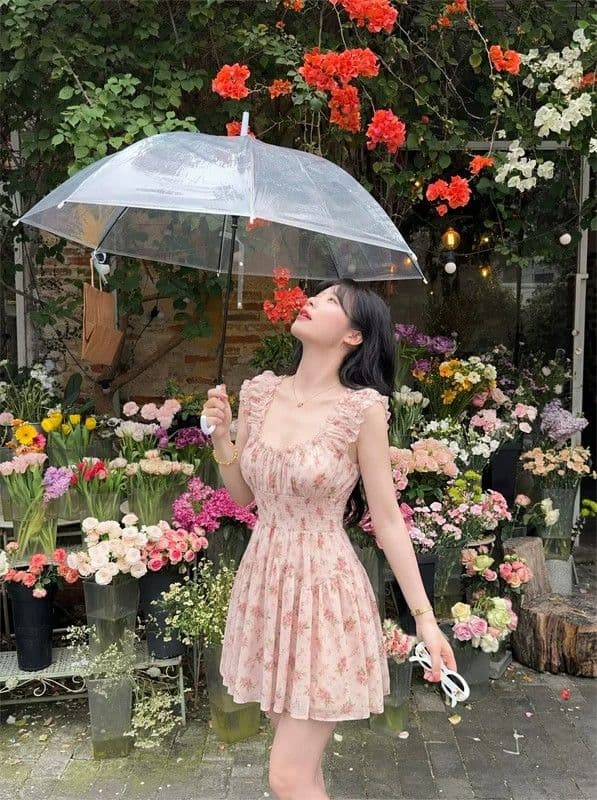 프랑스식 광장 칼라 거품 소매 핑크색 달콤함 허리 수축 해변가 휴가 바람 꽃무늬 치마 드레스 치마 섹시함 순수한 욕망 상세 이미지 2