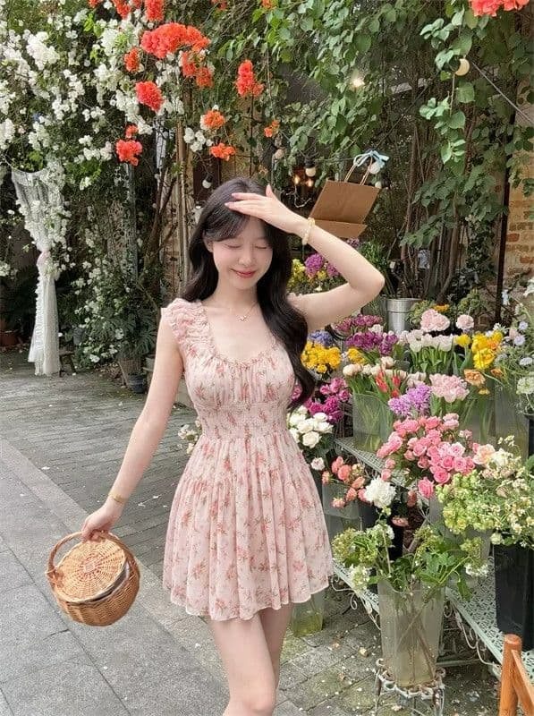 프랑스식 광장 칼라 거품 소매 핑크색 달콤함 허리 수축 해변가 휴가 바람 꽃무늬 치마 드레스 치마 섹시함 순수한 욕망 상세 이미지 3