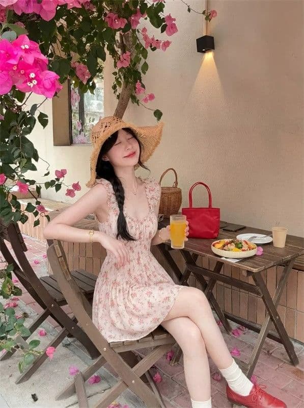 프랑스식 광장 칼라 거품 소매 핑크색 달콤함 허리 수축 해변가 휴가 바람 꽃무늬 치마 드레스 치마 섹시함 순수한 욕망 상세 이미지 4
