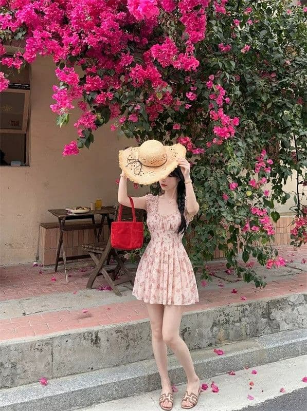 프랑스식 광장 칼라 거품 소매 핑크색 달콤함 허리 수축 해변가 휴가 바람 꽃무늬 치마 드레스 치마 섹시함 순수한 욕망 상세 이미지 5