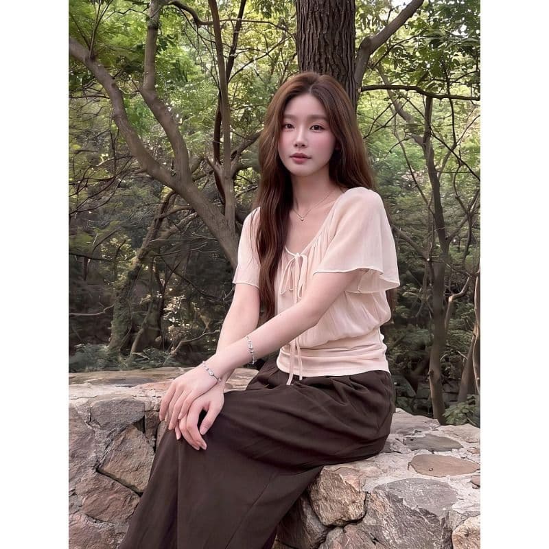 좋은 면 싸움 쉬폰 주름 부드러운 한 부서 바람 V넥 레이스업 여성 셔츠 여름 연꽃 잎 소매 페이크 레이어드 맨위 이미지 3