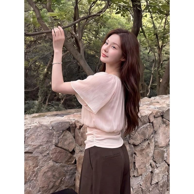 좋은 면 싸움 쉬폰 주름 부드러운 한 부서 바람 V넥 레이스업 여성 셔츠 여름 연꽃 잎 소매 페이크 레이어드 맨위 이미지 4