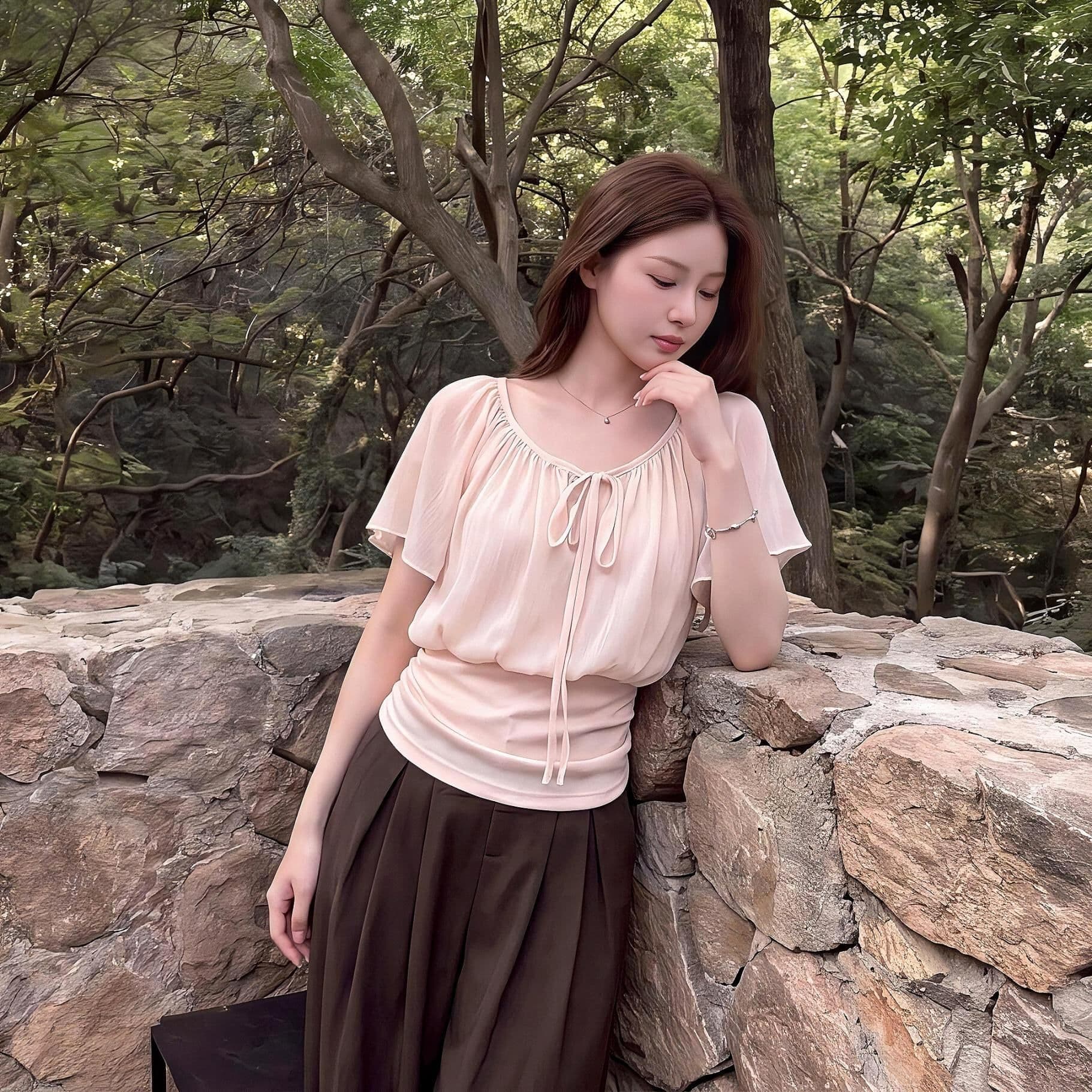 좋은 면 싸움 쉬폰 주름 부드러운 한 부서 바람 V넥 레이스업 여성 셔츠 여름 연꽃 잎 소매 페이크 레이어드 맨위 상세 이미지 5