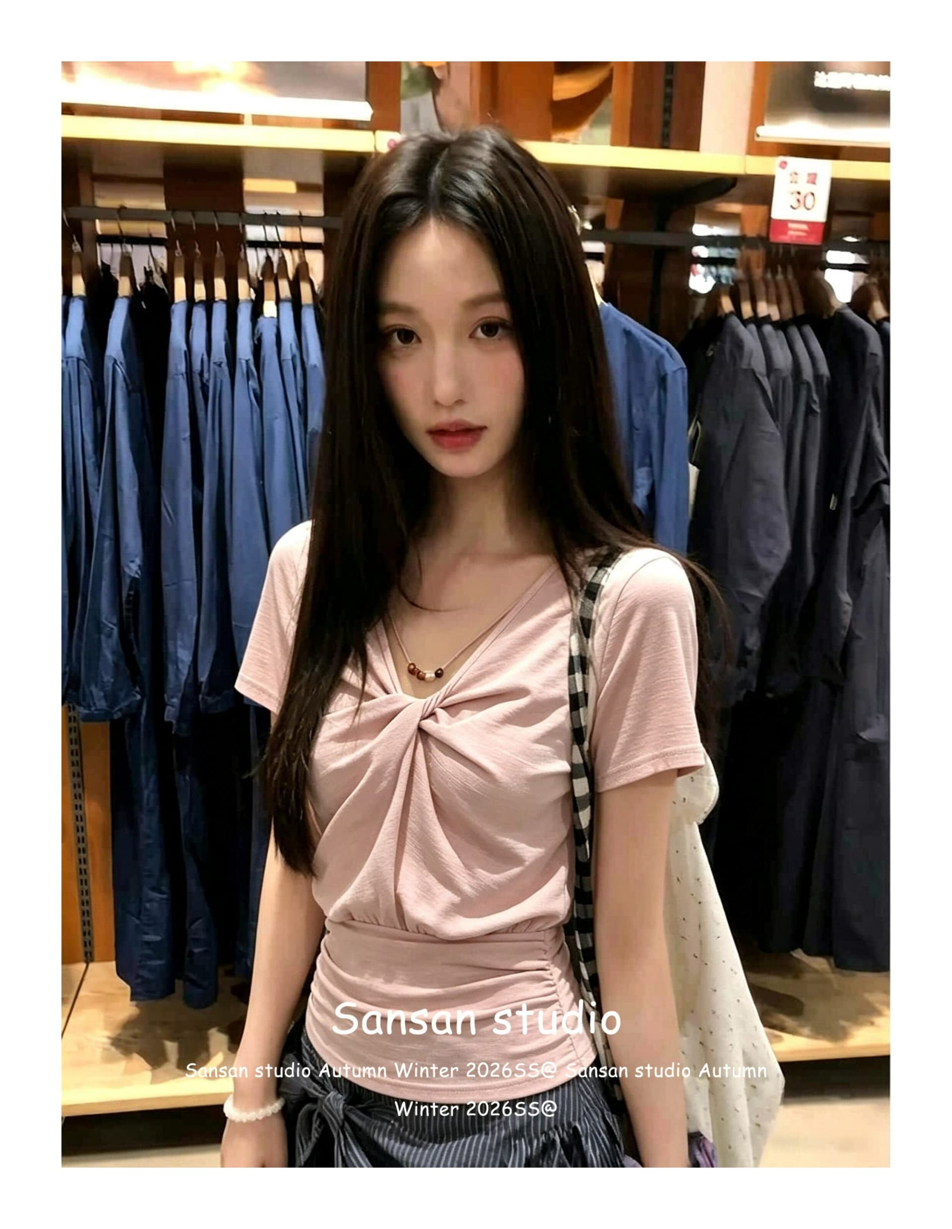 핑크색 V넥 비틀림 반팔 티셔츠 여성 여름 착용 가져 가라. 비즈 허리 수축 핫걸 긍정적 인 어깨 의류 상세 이미지 4