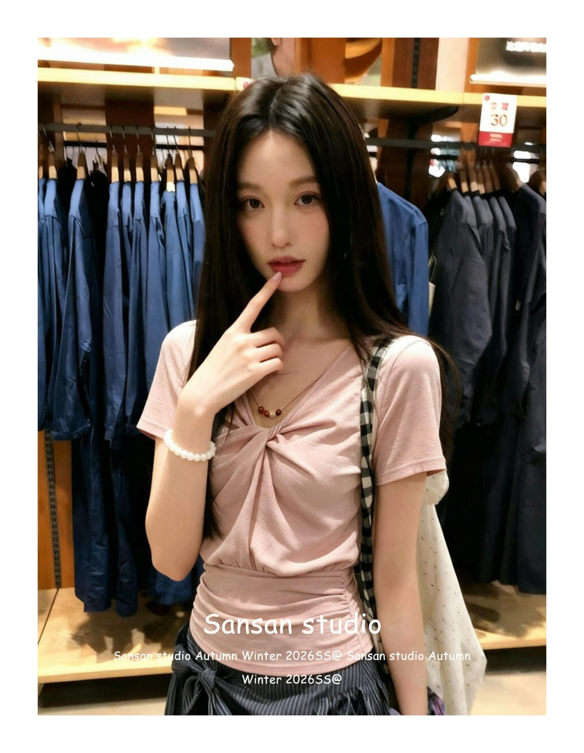 핑크색 V넥 비틀림 반팔 티셔츠 여성 여름 착용 가져 가라. 비즈 허리 수축 핫걸 긍정적 인 어깨 의류 상세 이미지 5