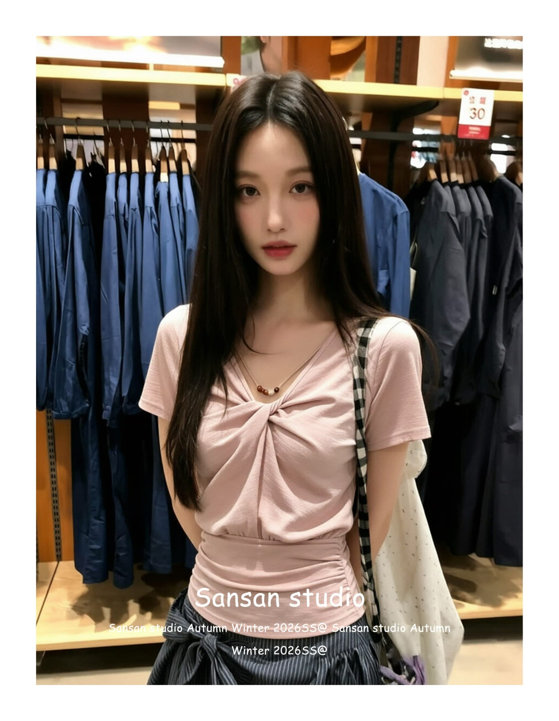 핑크색 V넥 비틀림 반팔 티셔츠 여성 여름 착용 가져 가라. 비즈 허리 수축 핫걸 긍정적 인 어깨 의류 상세 이미지 6