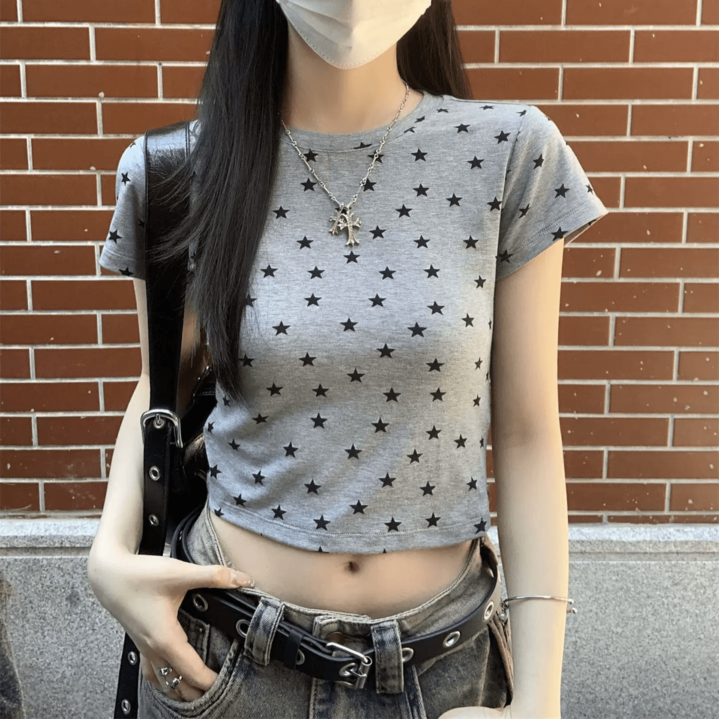 260 그램 모달 별 프린트 반팔 라운드 넥 티셔츠 여름 몸매 가꾸기 슬림해 보이는 맨위 상세 이미지 1